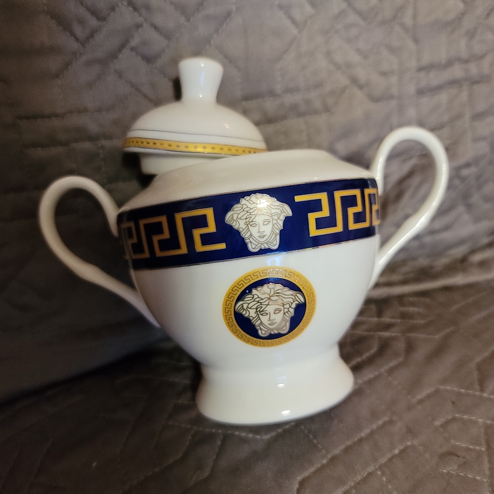 Medusa Head/ Greek Key Patern Royal Blue Sugar Bowl & Creamer